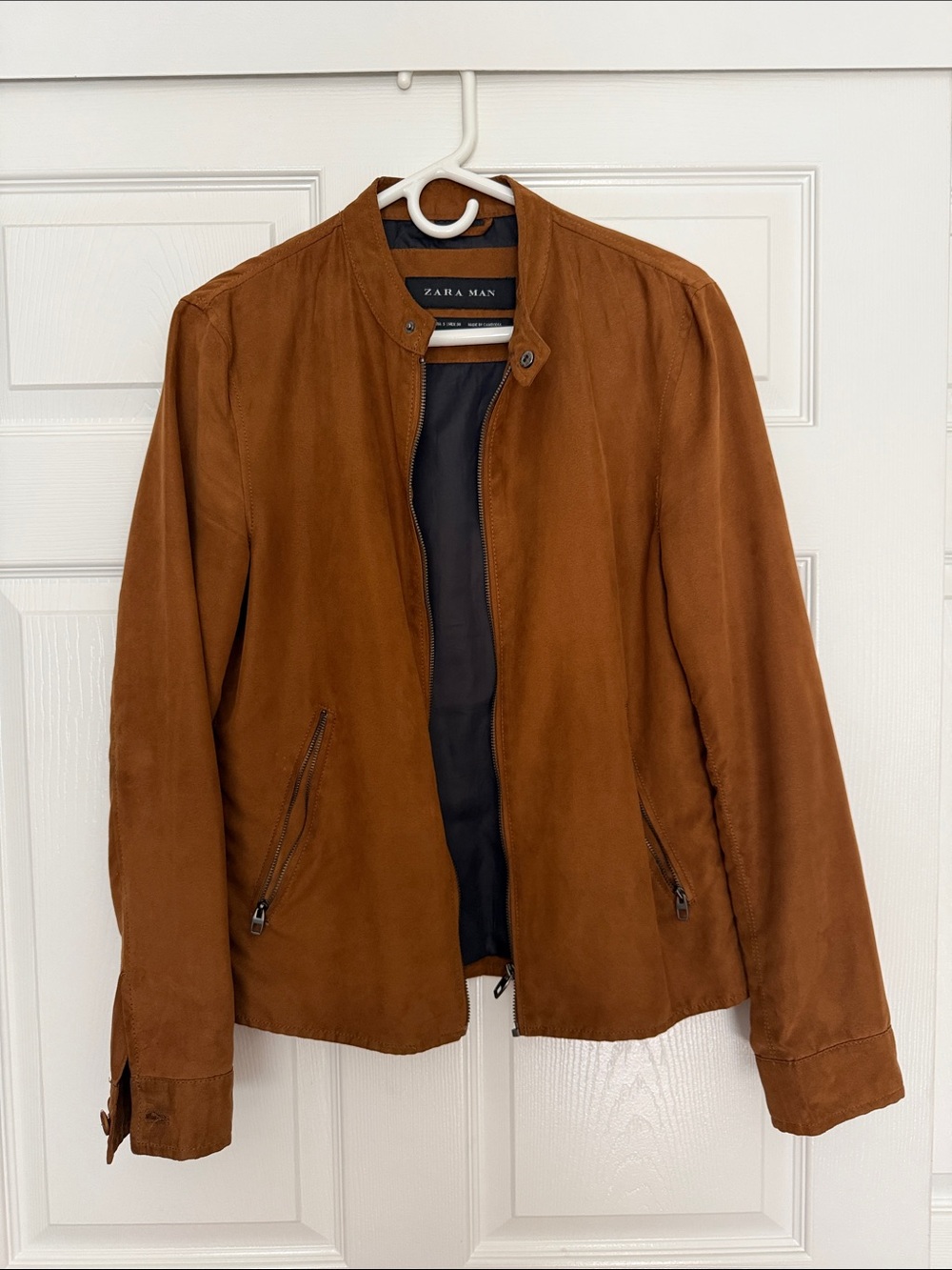 Zara Men's Tan Suede Zip-Front Biker Jacket
